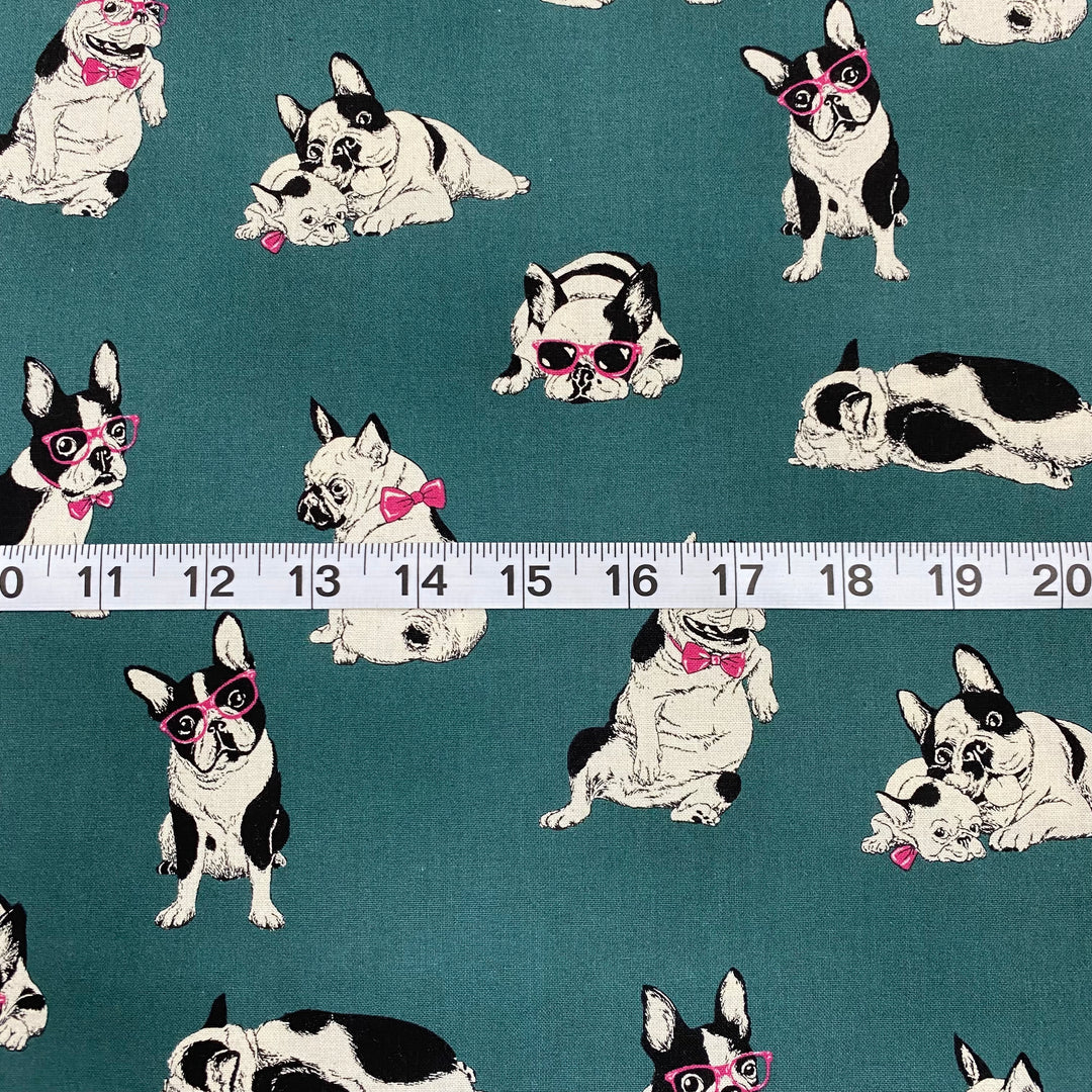 Japanese Cotton Fabric -  French BullDogs - turquoise