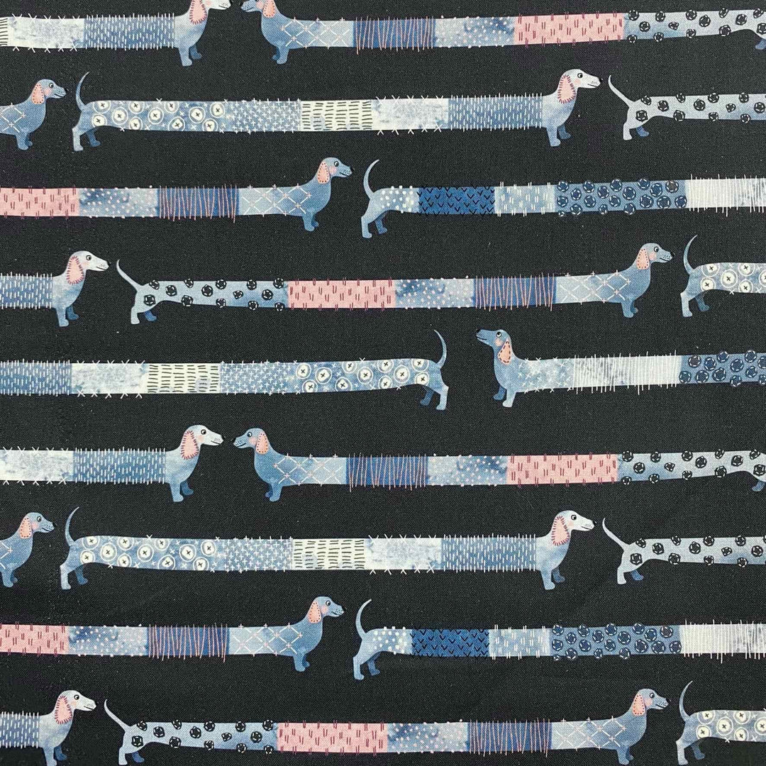 Fabric Merchants - Marketa Stengl - Digital Sashiko Style Dachshund - Navy / Pink
